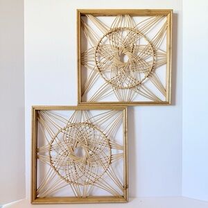 Set of 2 Vintage Woven Sun Medallion Wall Art Boho Mandala Natural Wood 14”